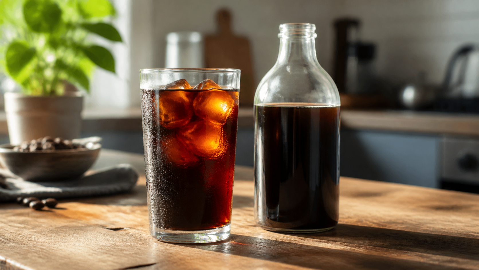 Cold brew koffie wordt uit een glazen karaf over ijs geschonken