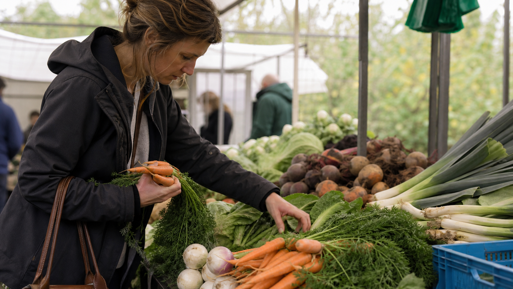 Seizoensgroenten, fruit en brood uitgestald op een keukentafel