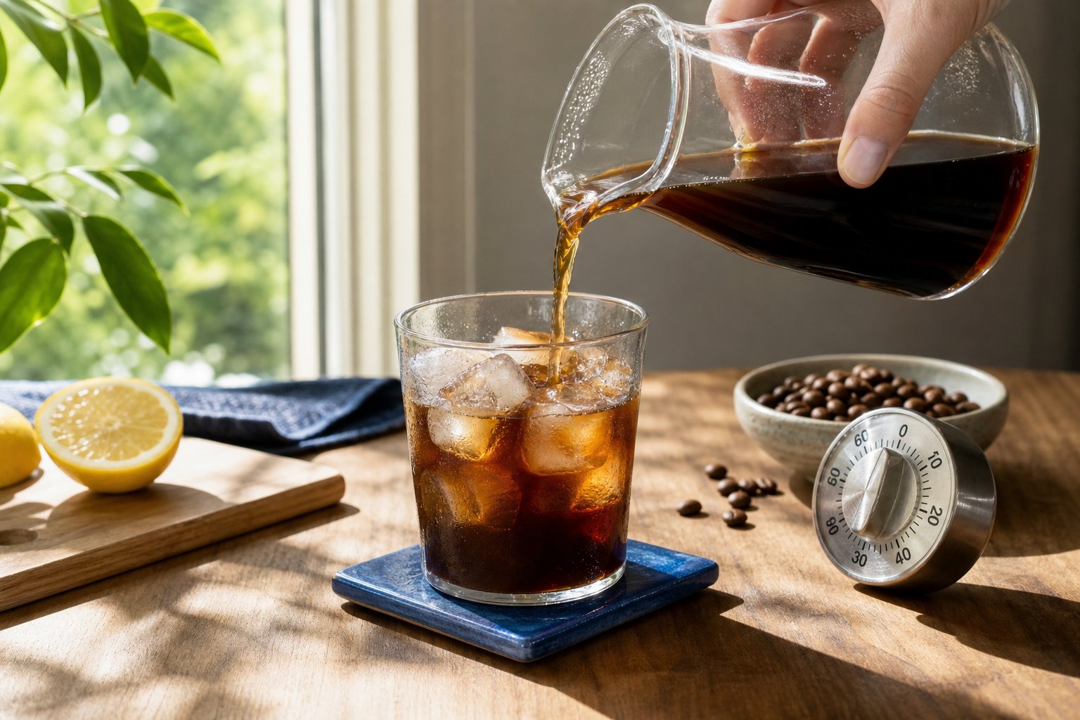 Cold brew koffie wordt uit een glazen karaf over ijs geschonken